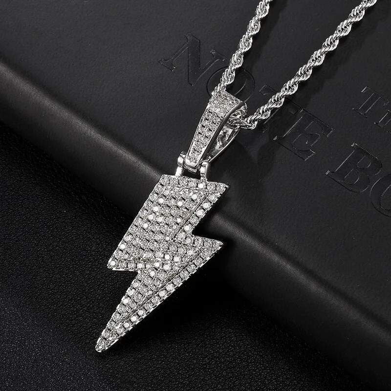 Micro-Paved Cubic-Zirconia-Studded Lightning Bling Hip-hop Pendant Necklace