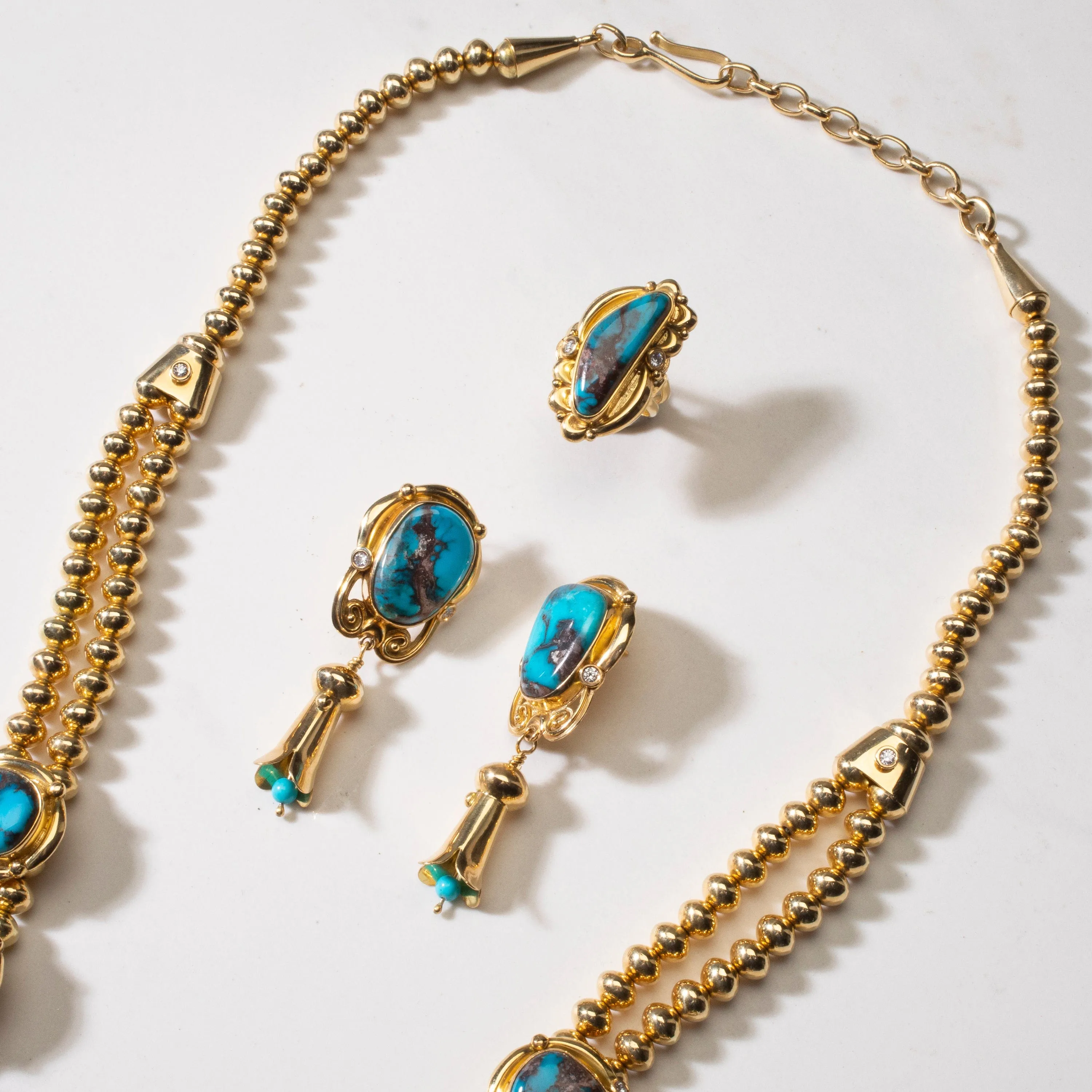 Mona Van Riper Bisbee Turquoise Squash Blossom Set with 22 oz 18k Gold & VVS Diamonds