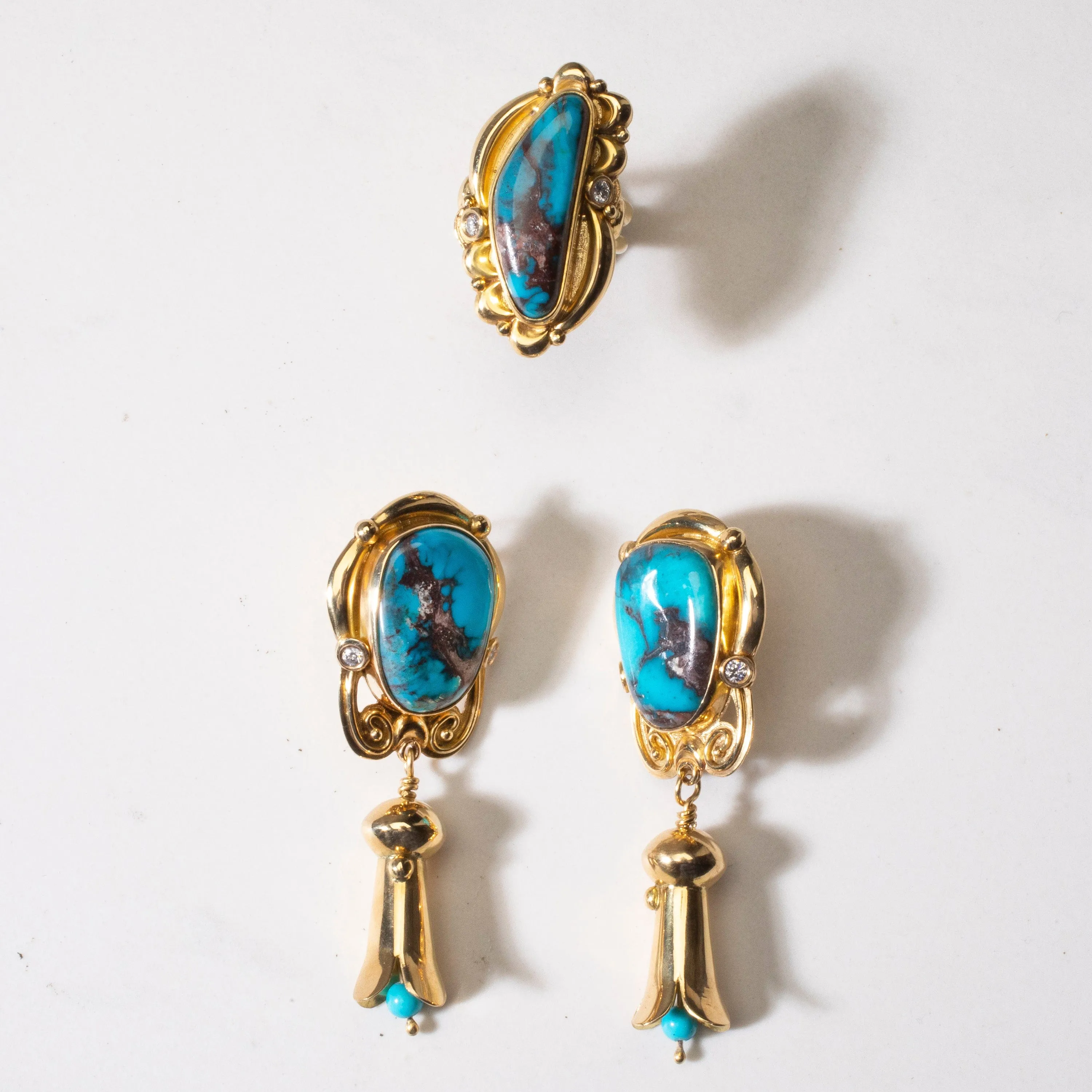 Mona Van Riper Bisbee Turquoise Squash Blossom Set with 22 oz 18k Gold & VVS Diamonds