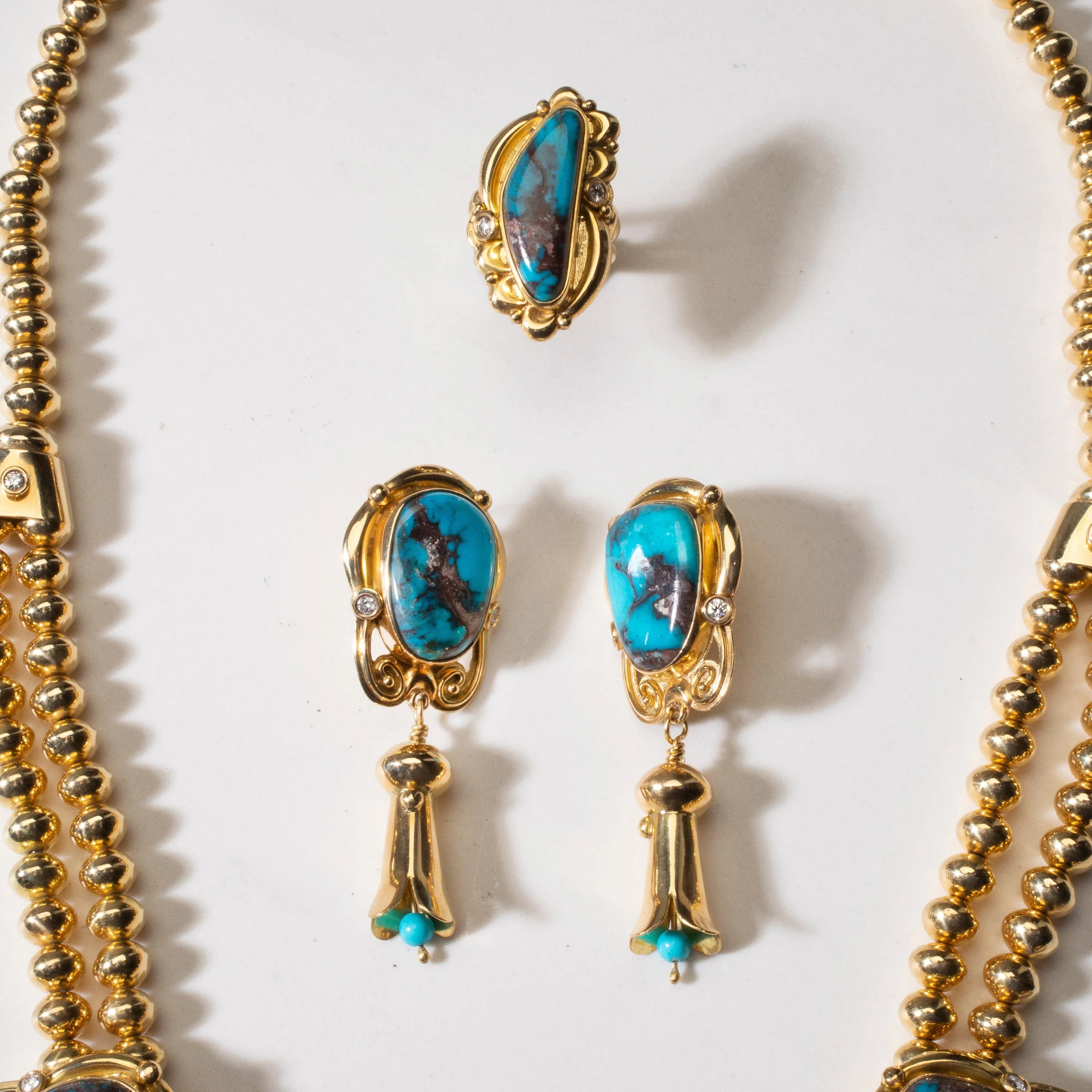 Mona Van Riper Bisbee Turquoise Squash Blossom Set with 22 oz 18k Gold & VVS Diamonds