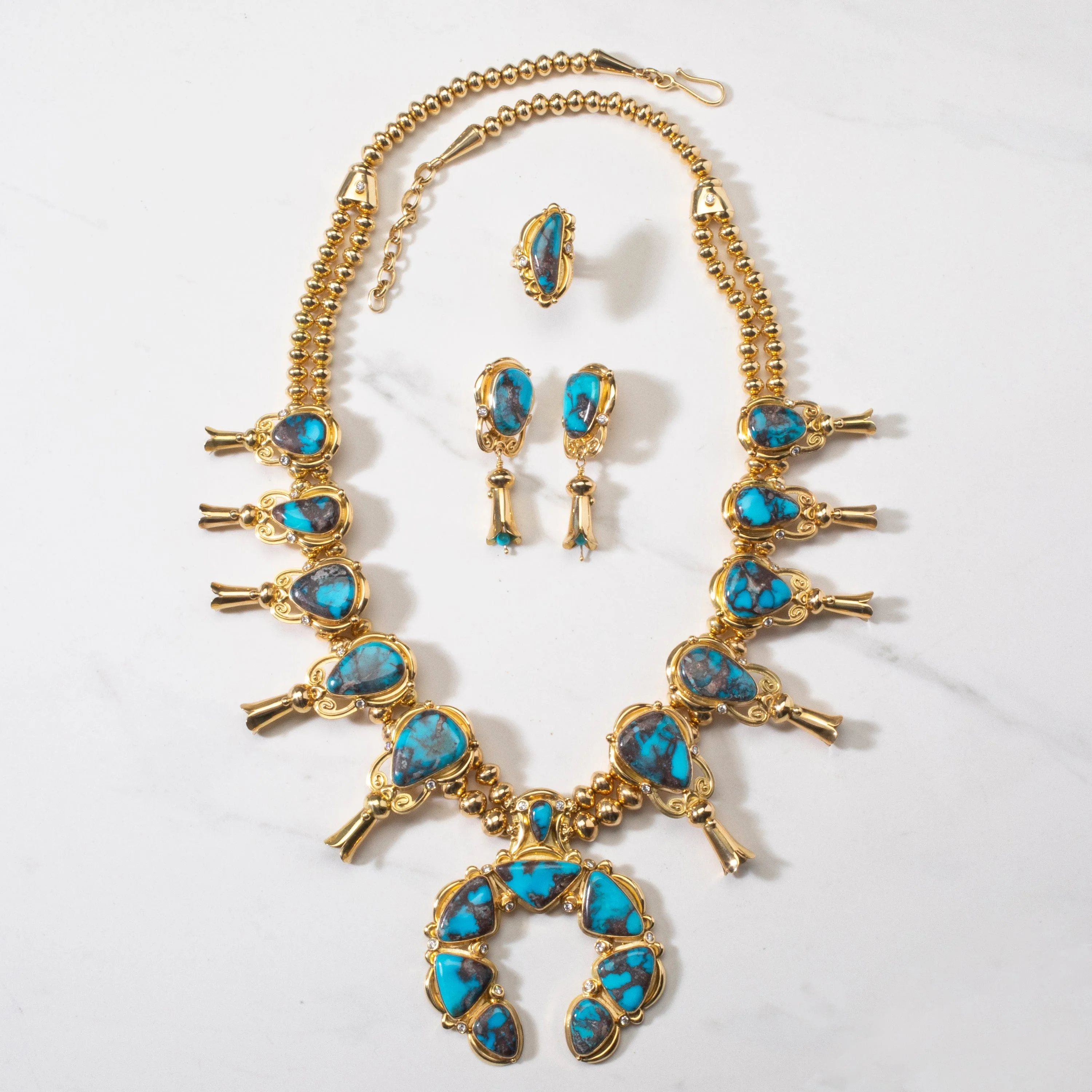 Mona Van Riper Bisbee Turquoise Squash Blossom Set with 22 oz 18k Gold & VVS Diamonds