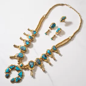 Mona Van Riper Bisbee Turquoise Squash Blossom Set with 22 oz 18k Gold & VVS Diamonds