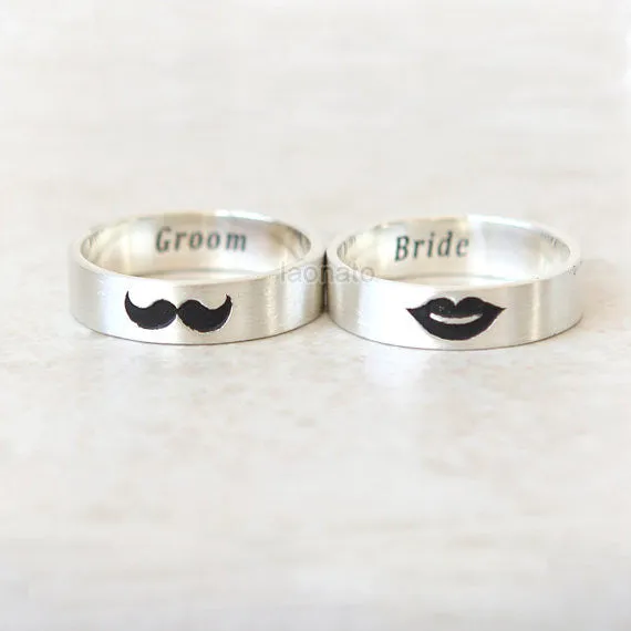 Mustache and Lips Ring in sterling silver, Couple Rings