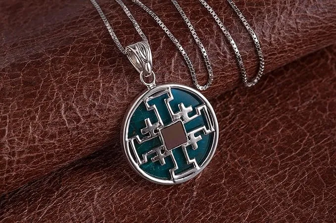 Nano Sim New Testament Round Silver Pendant - The Jerusalem Cross Studded with Eilat Stone