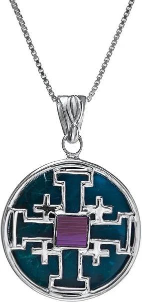 Nano Sim New Testament Round Silver Pendant - The Jerusalem Cross Studded with Eilat Stone