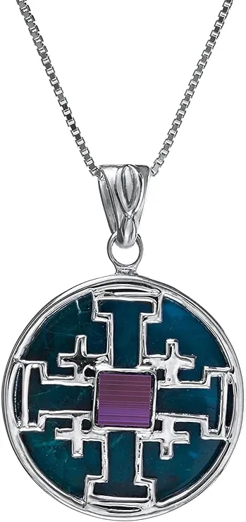 Nano Sim New Testament Round Silver Pendant - The Jerusalem Cross Studded with Eilat Stone