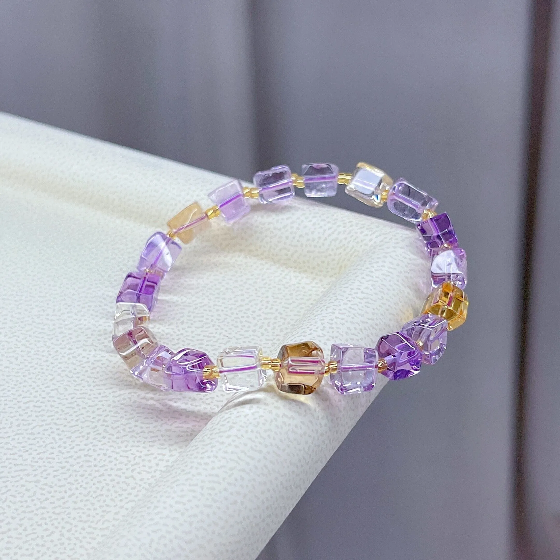 Natural Ametrine Purple Yellow Clear Cube Beads Bracelet