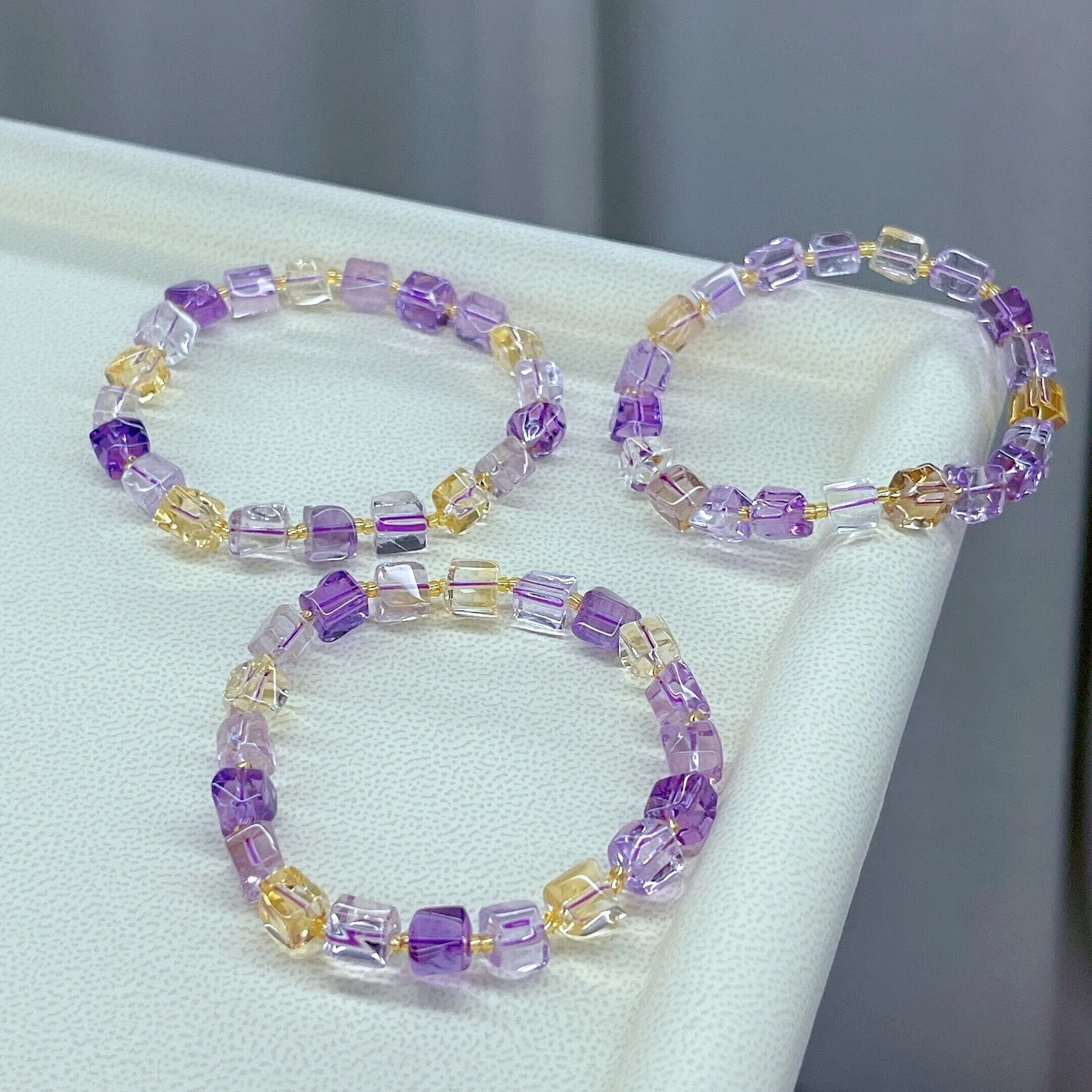 Natural Ametrine Purple Yellow Clear Cube Beads Bracelet