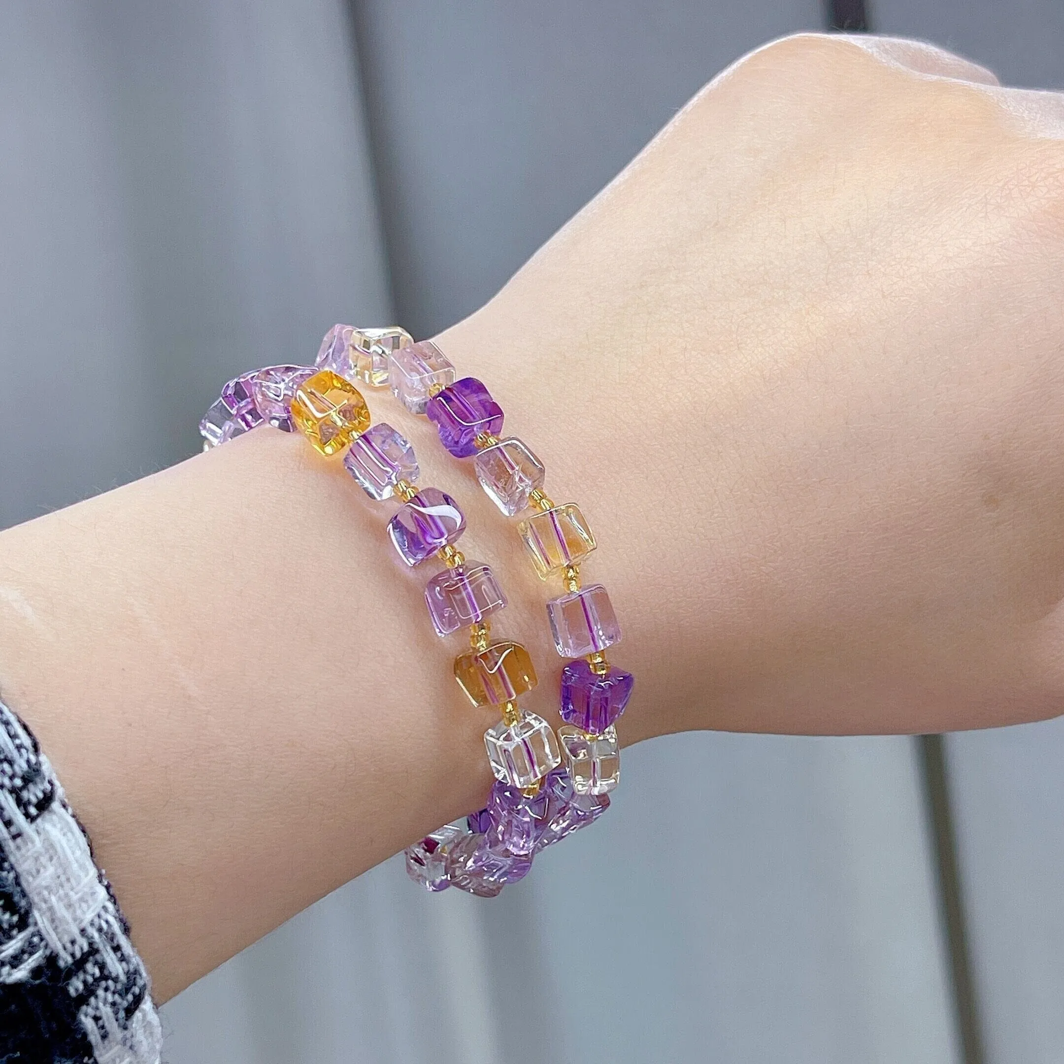 Natural Ametrine Purple Yellow Clear Cube Beads Bracelet