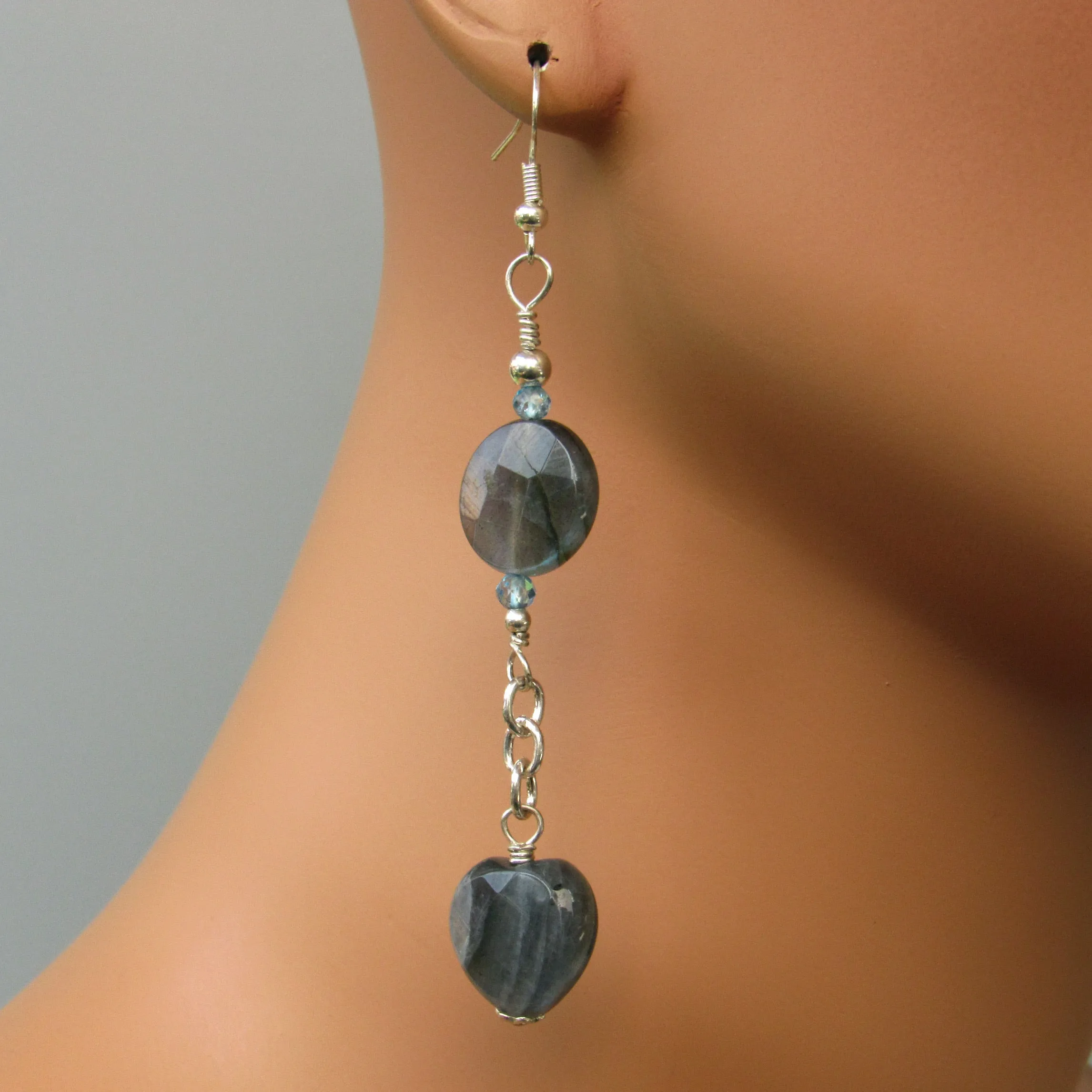 Natural Flashy Heart Labradorite, Blue Topaz, and genuine Sterling Silver Drop earrings