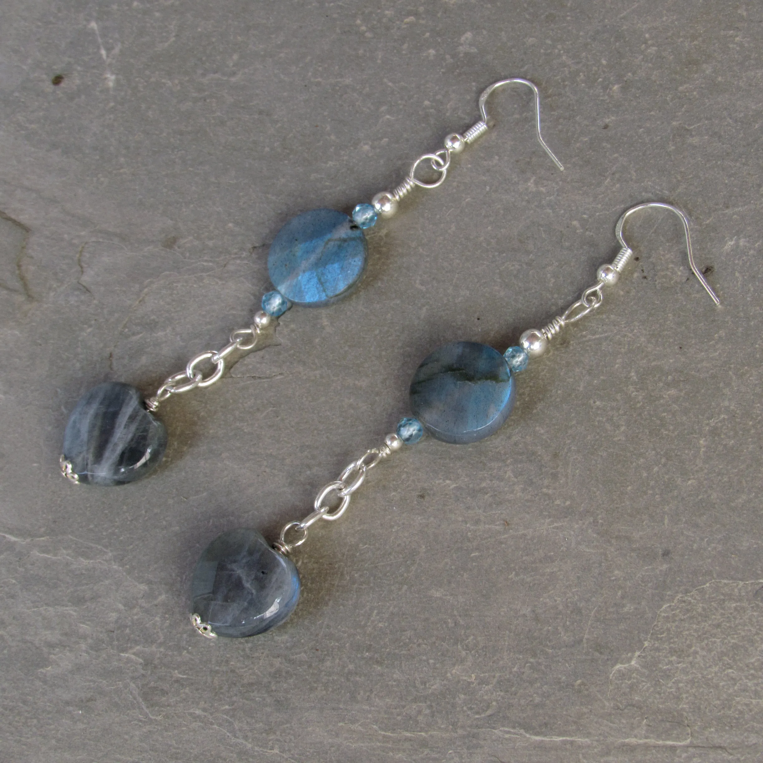 Natural Flashy Heart Labradorite, Blue Topaz, and genuine Sterling Silver Drop earrings