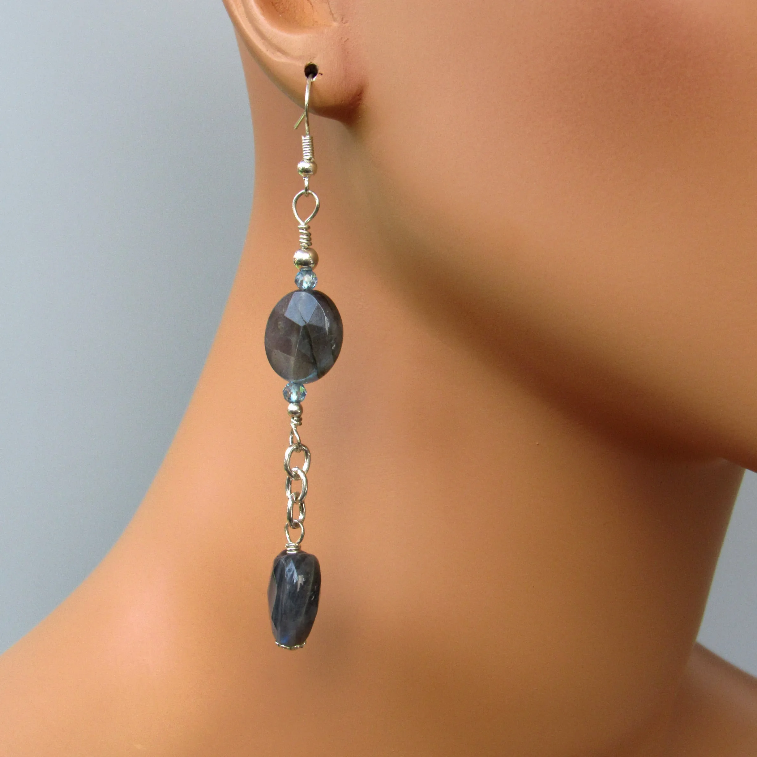 Natural Flashy Heart Labradorite, Blue Topaz, and genuine Sterling Silver Drop earrings