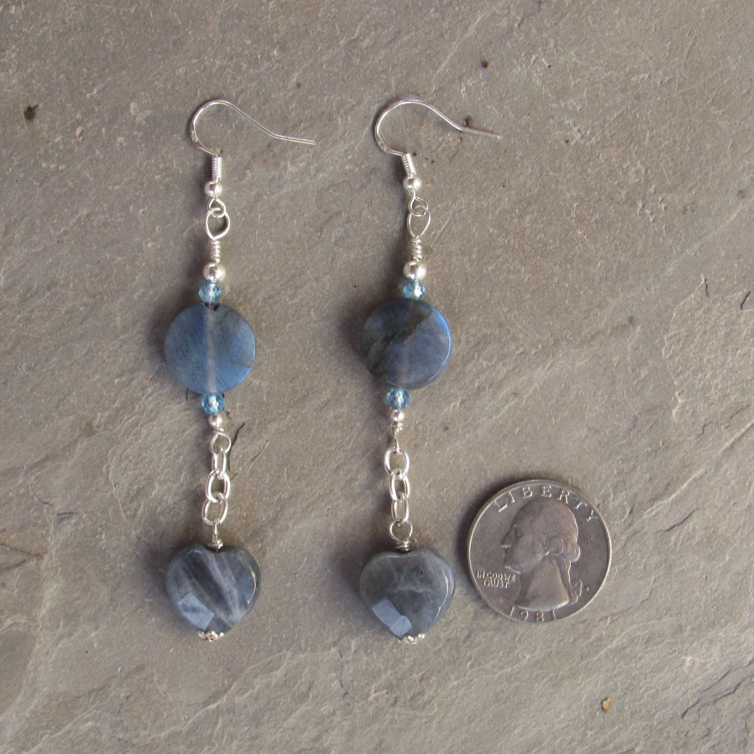 Natural Flashy Heart Labradorite, Blue Topaz, and genuine Sterling Silver Drop earrings