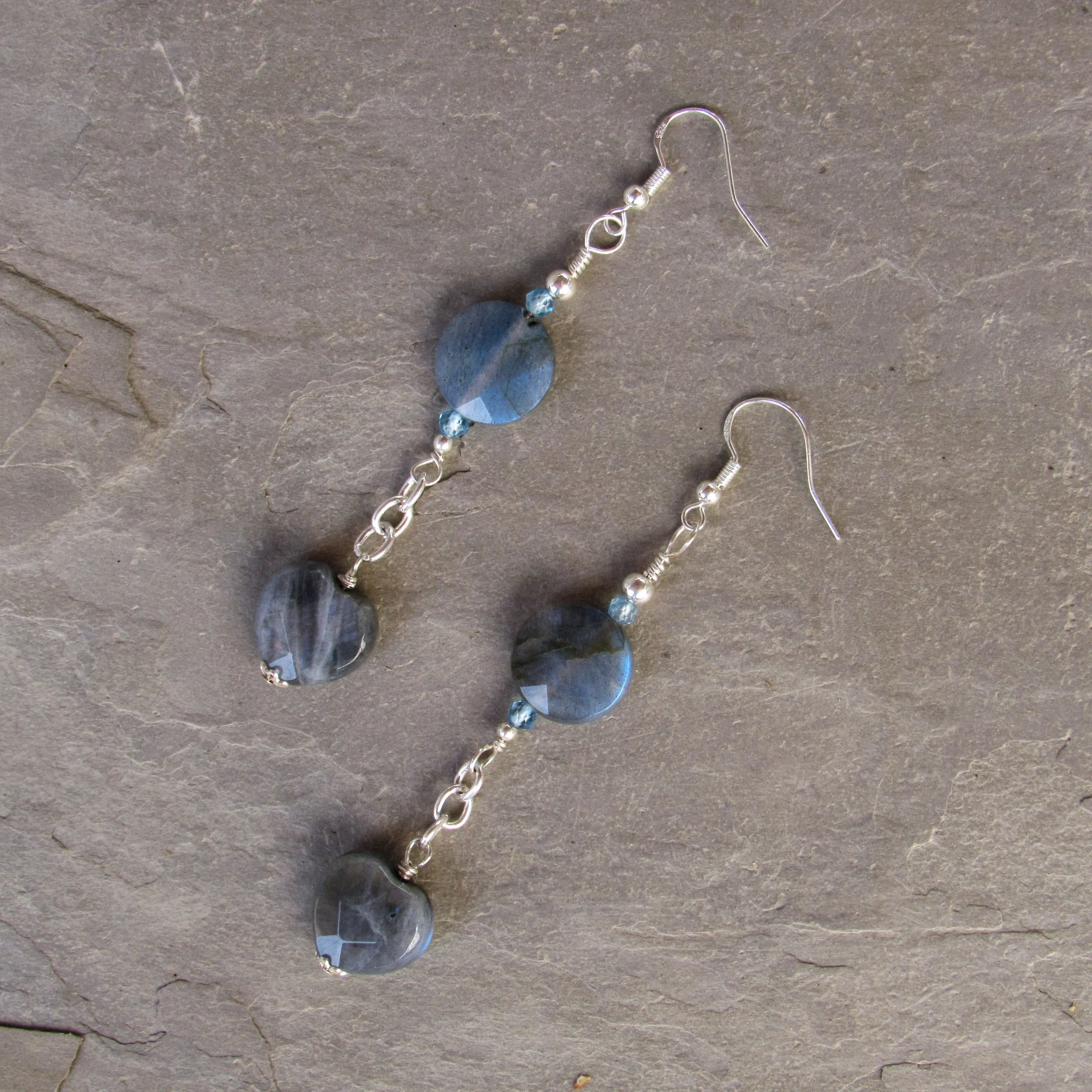 Natural Flashy Heart Labradorite, Blue Topaz, and genuine Sterling Silver Drop earrings