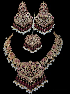 NS208 Neeli jadau pearl necklace with earrings tika in ruby( READY TO SHIP )