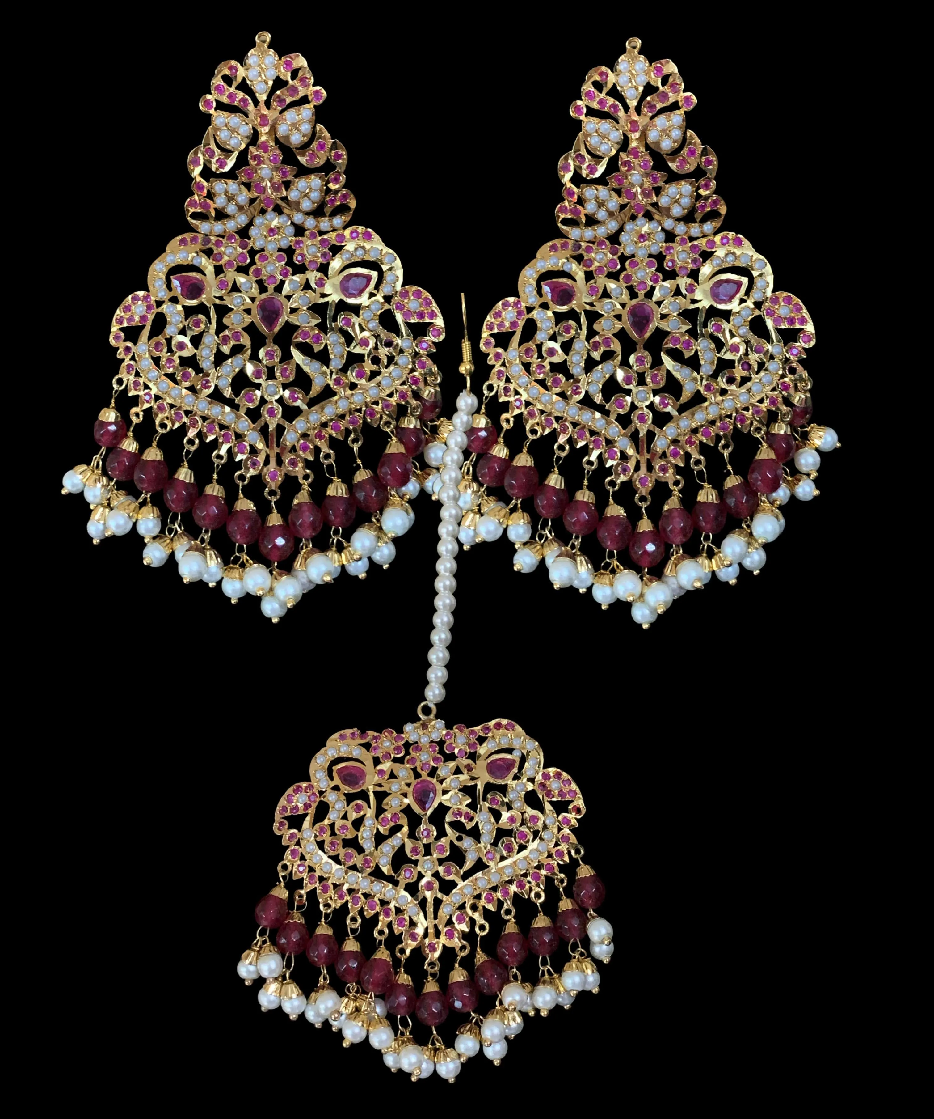 NS208 Neeli jadau pearl necklace with earrings tika in ruby( READY TO SHIP )