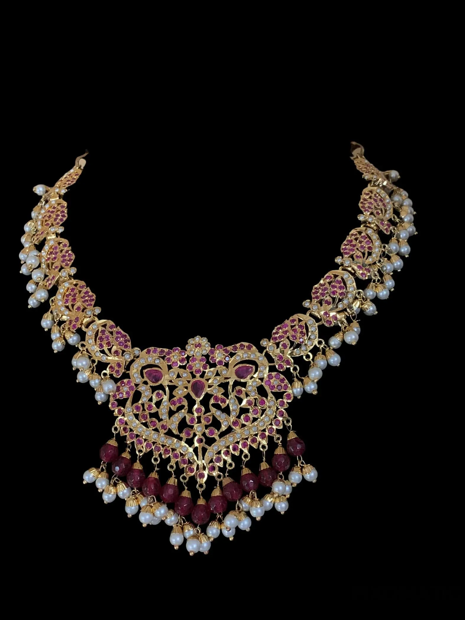 NS208 Neeli jadau pearl necklace with earrings tika in ruby( READY TO SHIP )