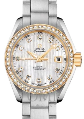 OMEGA SEAMASTER AQUA TERRA 150M CO-AXIAL CHRONOMETER 30MM STAINLESS STEEL YELLOW GOLD DIAMOND BEZEL WHITE MOTHER OF PEARL DIAL DIAMOND SET INDEX 231.25.30.20.55.004 WITH STEEL BRACELET