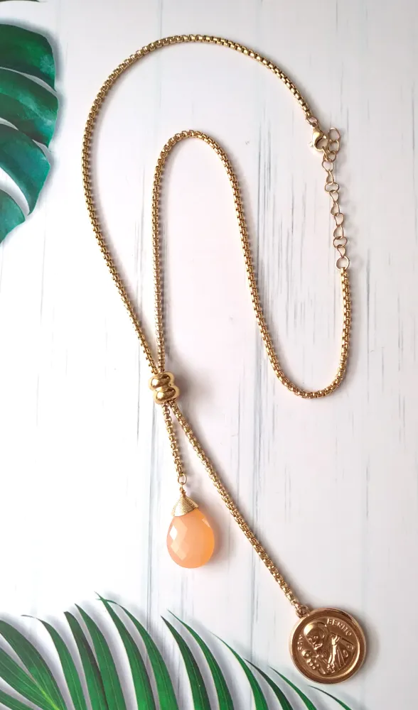 Peach Jade with Saint Benedict Medal Slider Necklace