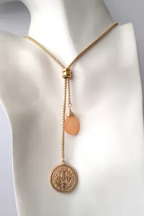 Peach Jade with Saint Benedict Medal Slider Necklace