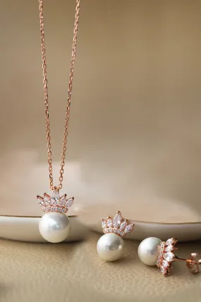 Pearl With A Crown Rose Gold Plated Sterling Silver Pendant Set