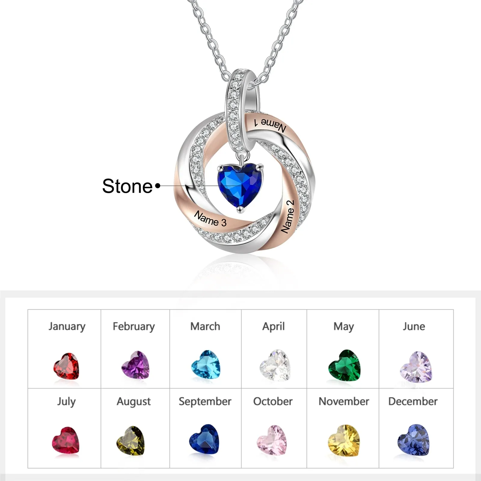 Personalized 3 Names Engraved Necklace with Heart Birthstone