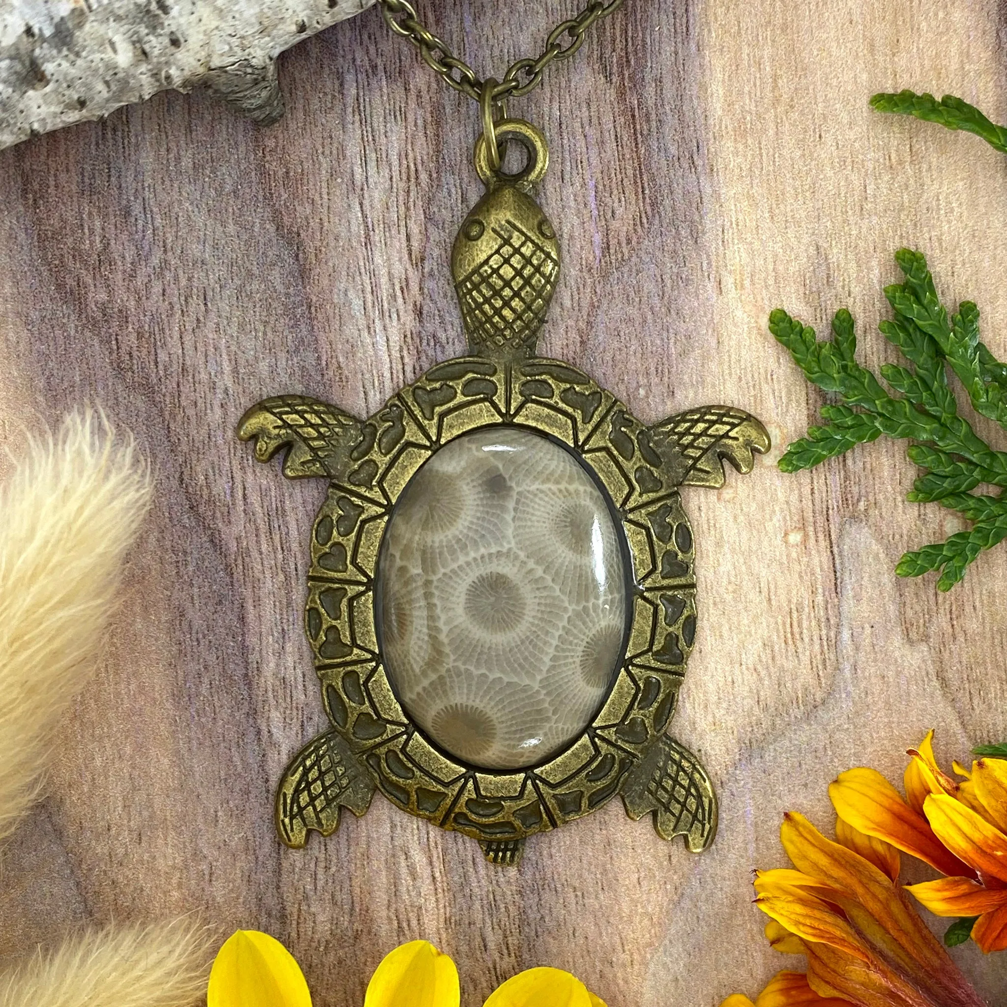 Petoskey Stone Turtle Pendant Necklace