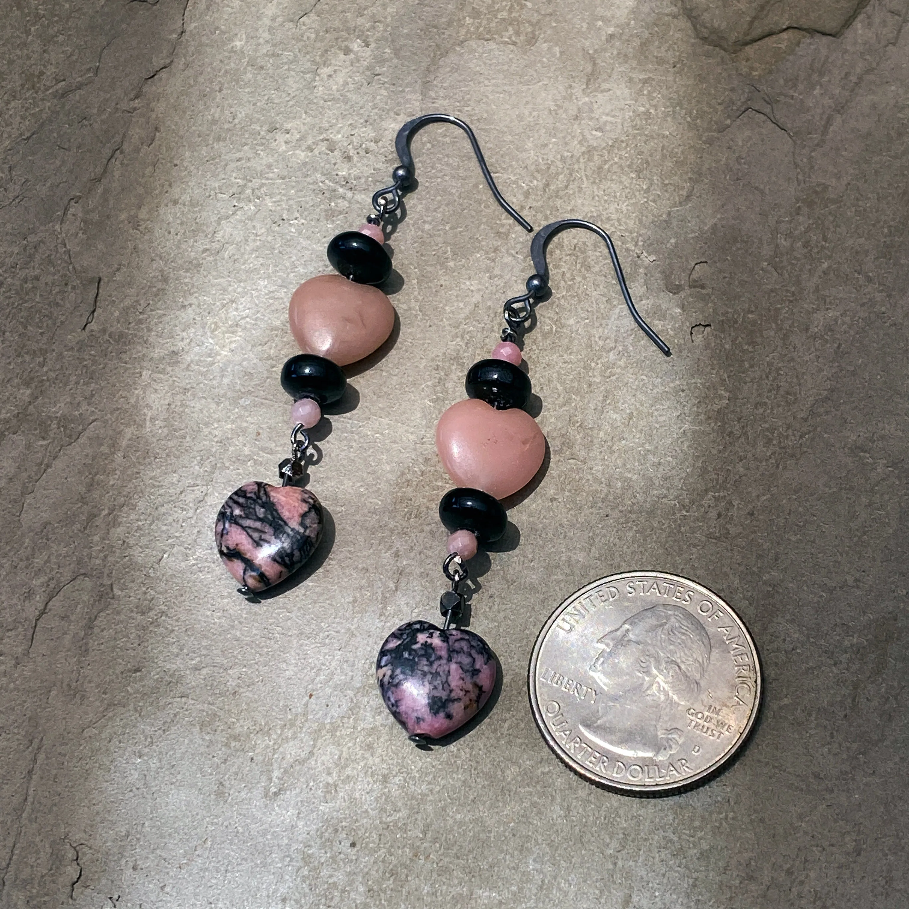 Pink Opal Heart pink Rhodonite, Black Tourmaline Gemstone and oxidized sterling silver Drop Earrings