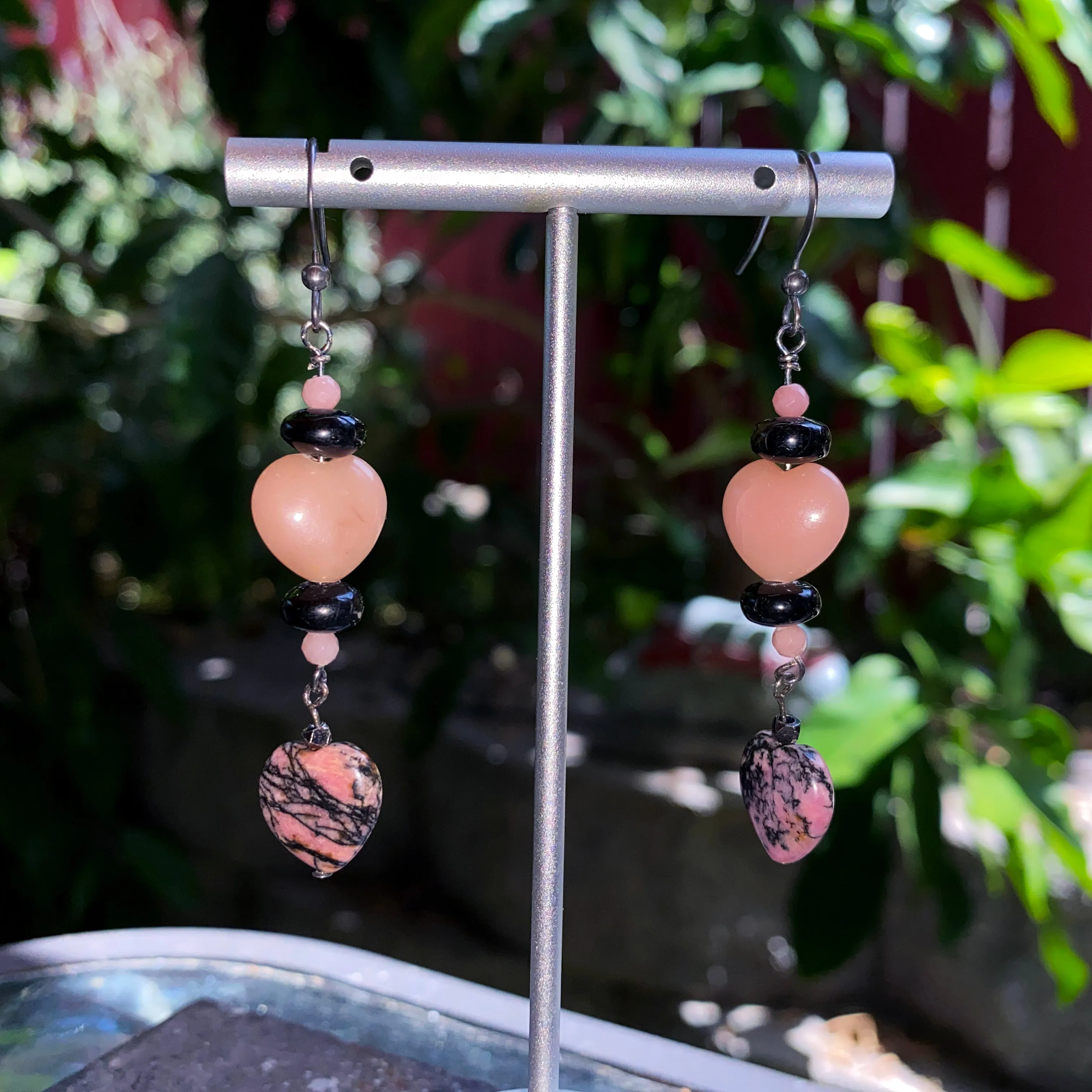 Pink Opal Heart pink Rhodonite, Black Tourmaline Gemstone and oxidized sterling silver Drop Earrings