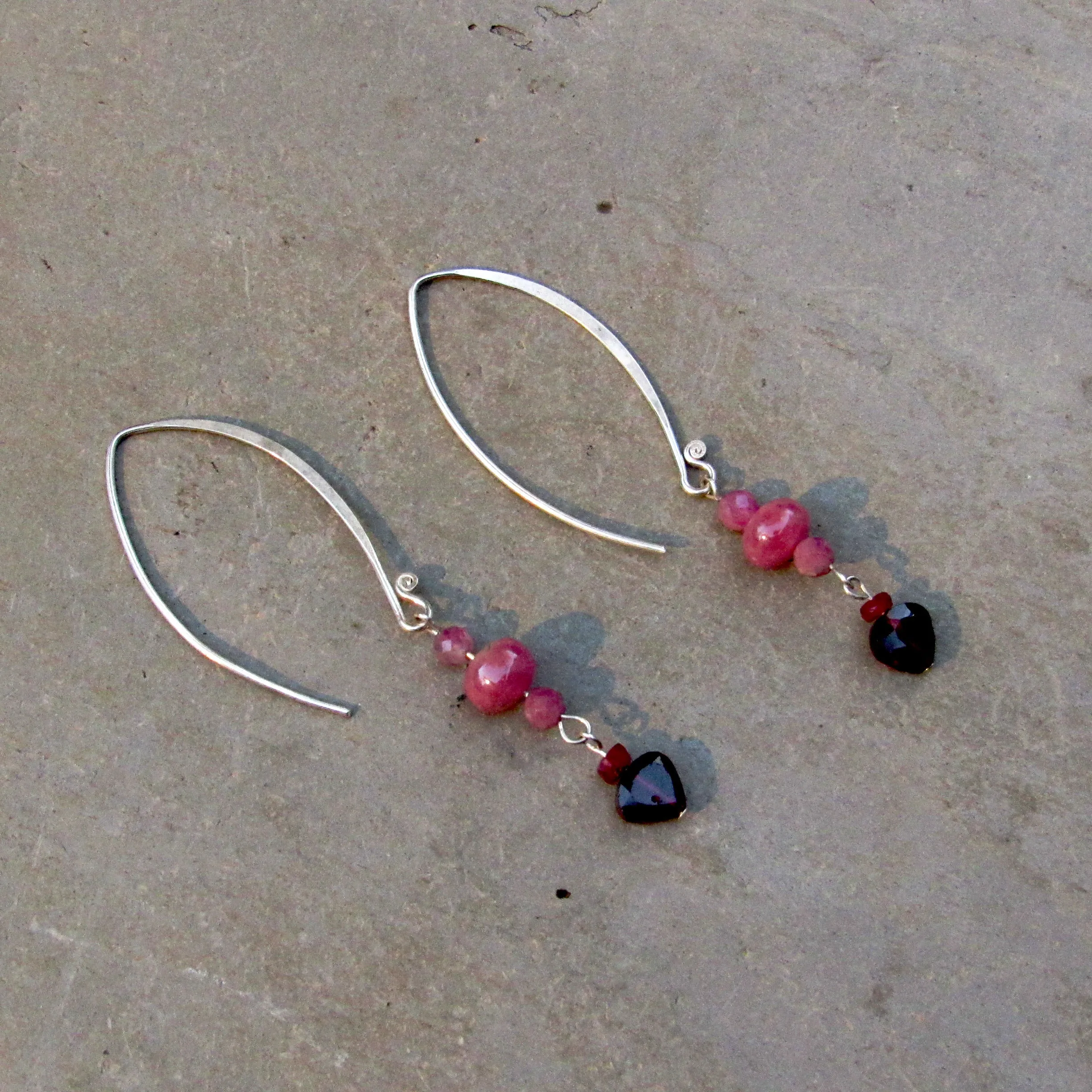 Pink Sapphires, Pink Tourmaline, Red Rubies, and Garnet gemstone Hearts w/ Sterling Silver Drop Earrings