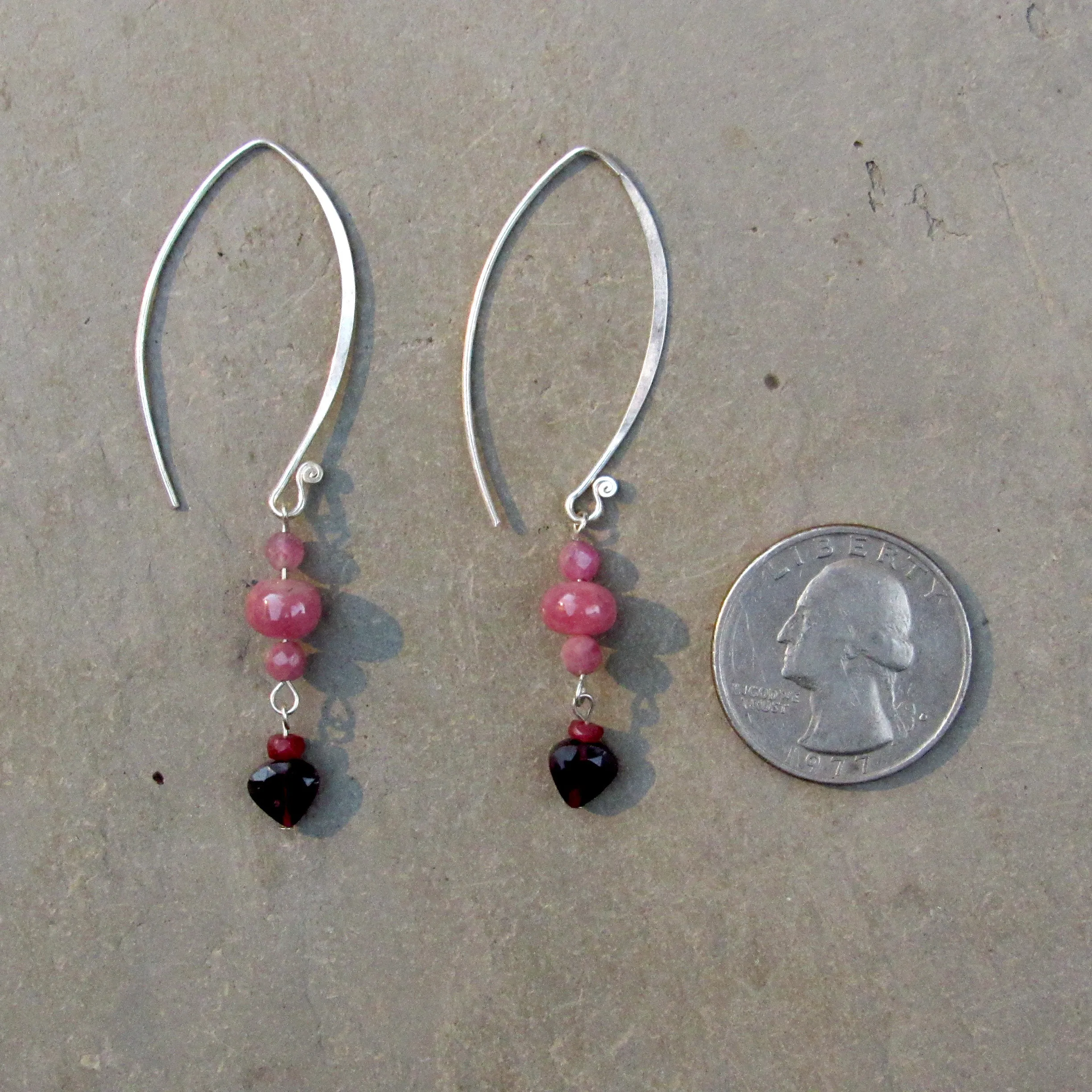 Pink Sapphires, Pink Tourmaline, Red Rubies, and Garnet gemstone Hearts w/ Sterling Silver Drop Earrings