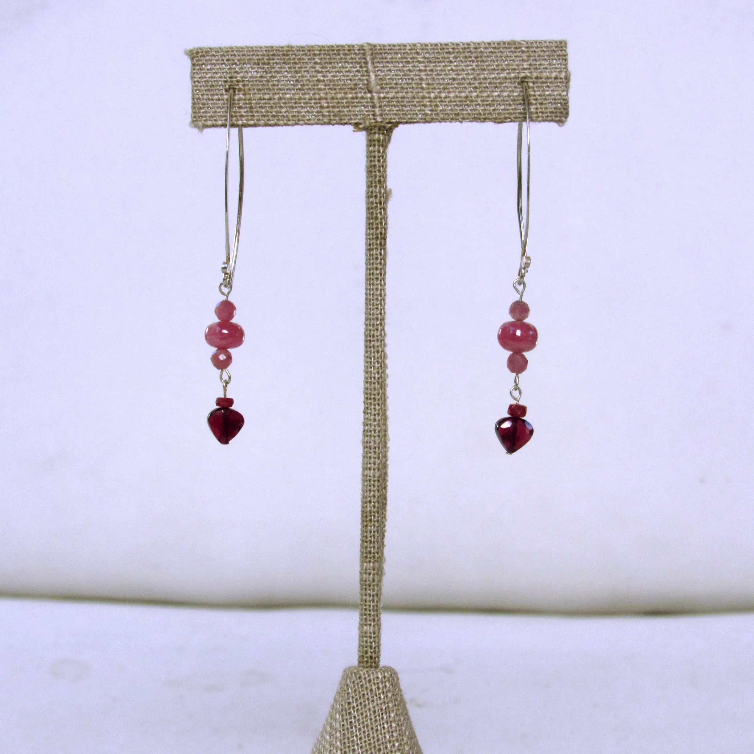 Pink Sapphires, Pink Tourmaline, Red Rubies, and Garnet gemstone Hearts w/ Sterling Silver Drop Earrings