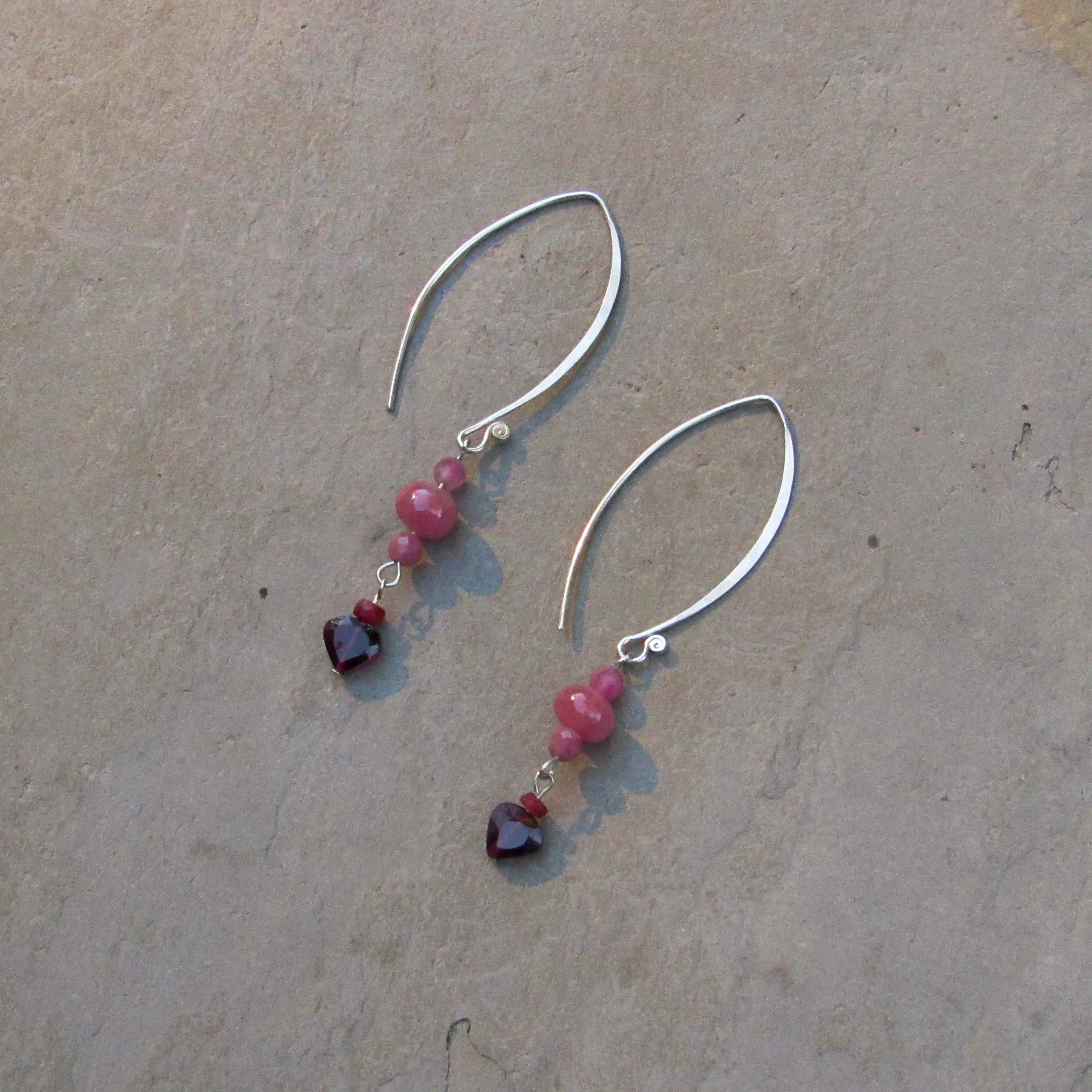 Pink Sapphires, Pink Tourmaline, Red Rubies, and Garnet gemstone Hearts w/ Sterling Silver Drop Earrings