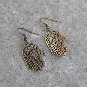 Protection, Antiqued Brass Hamsa, Hand Of Fatima Earrings