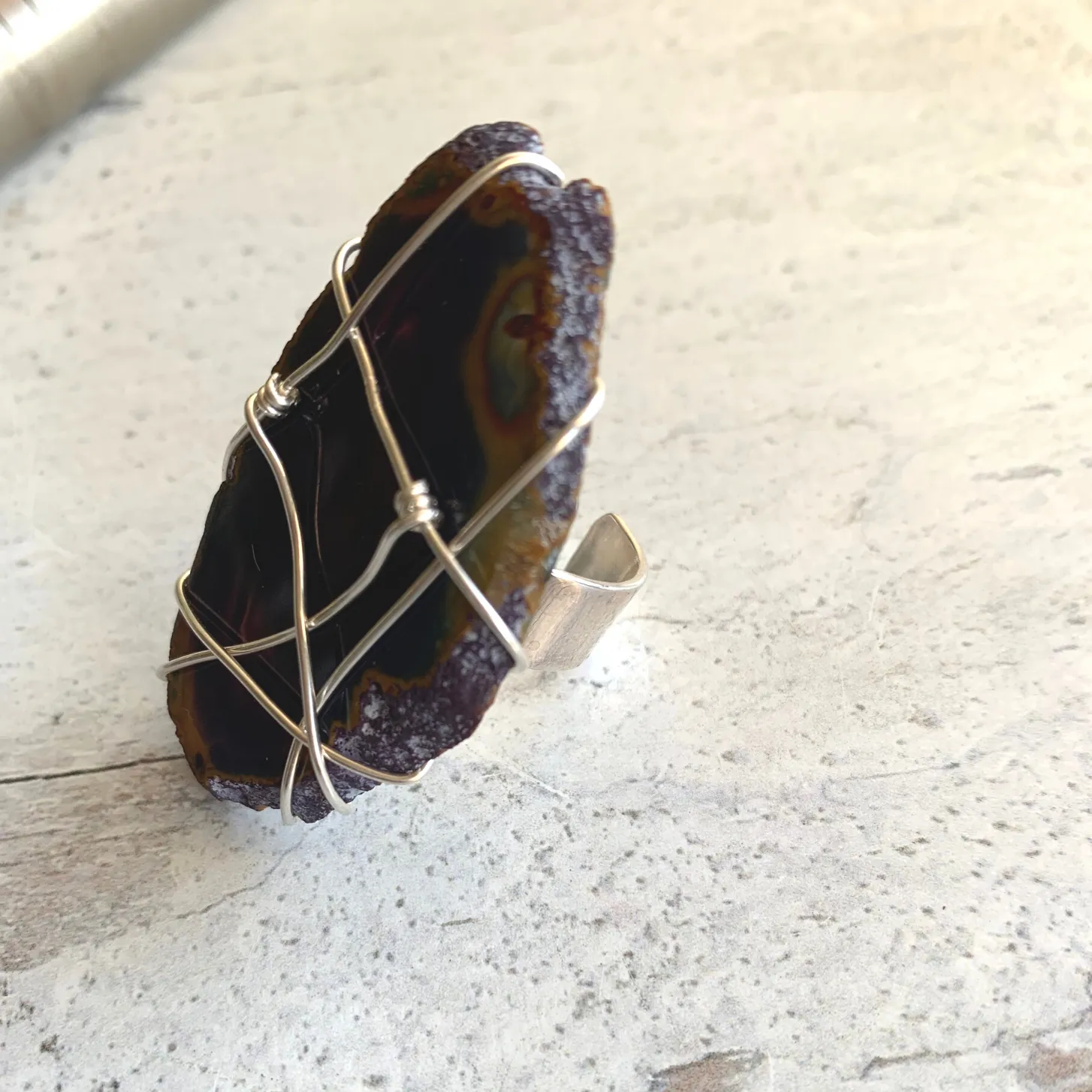 Purple Rain  Agate Wire Wrapped Adjustable Ring Silver