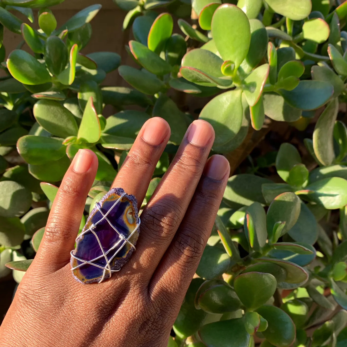 Purple Rain  Agate Wire Wrapped Adjustable Ring Silver