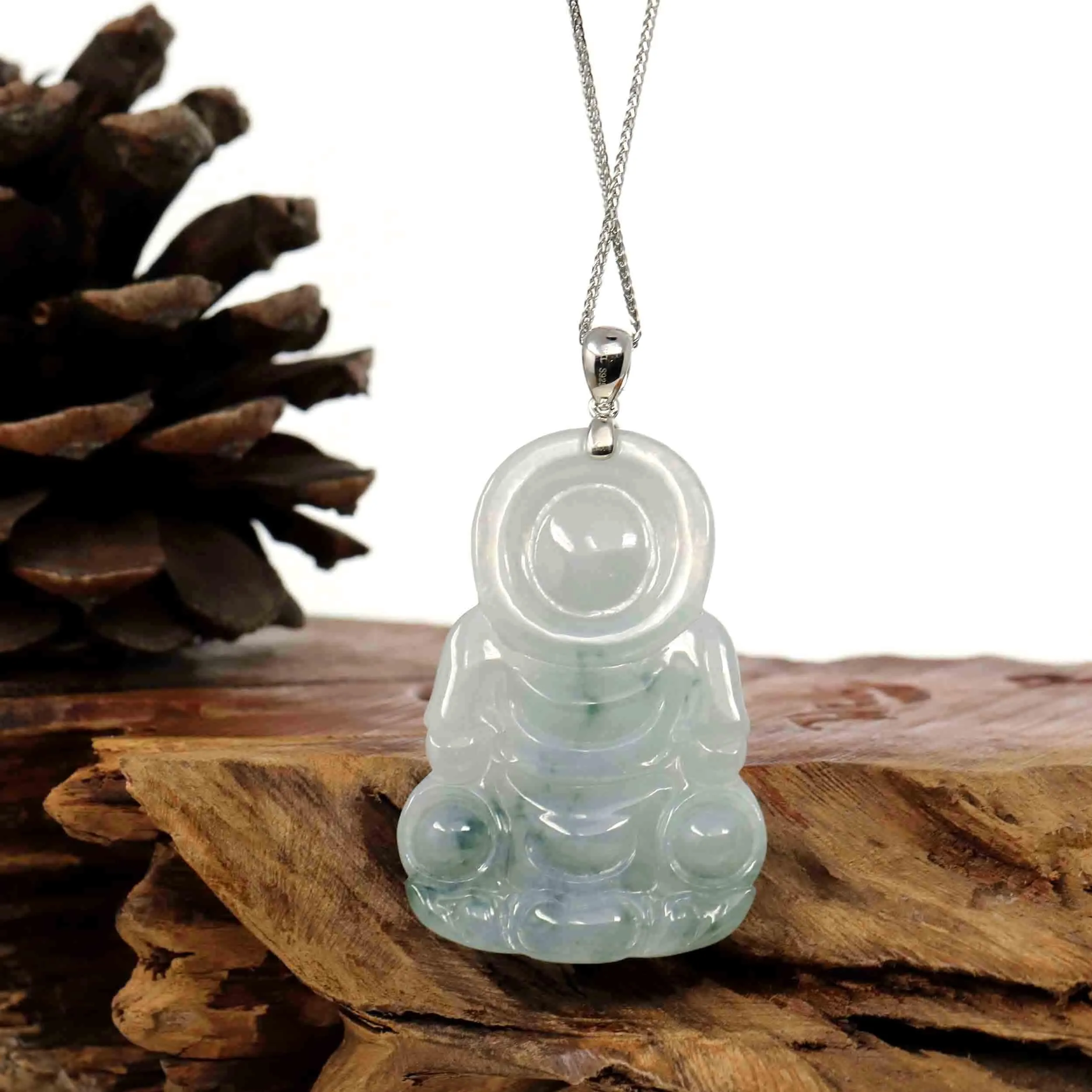 "Goddess of Compassion" Genuine Burmese Ice Blue Jadeite Jade Guanyin Necklace With Good Luck Design Sterling Silver Bail