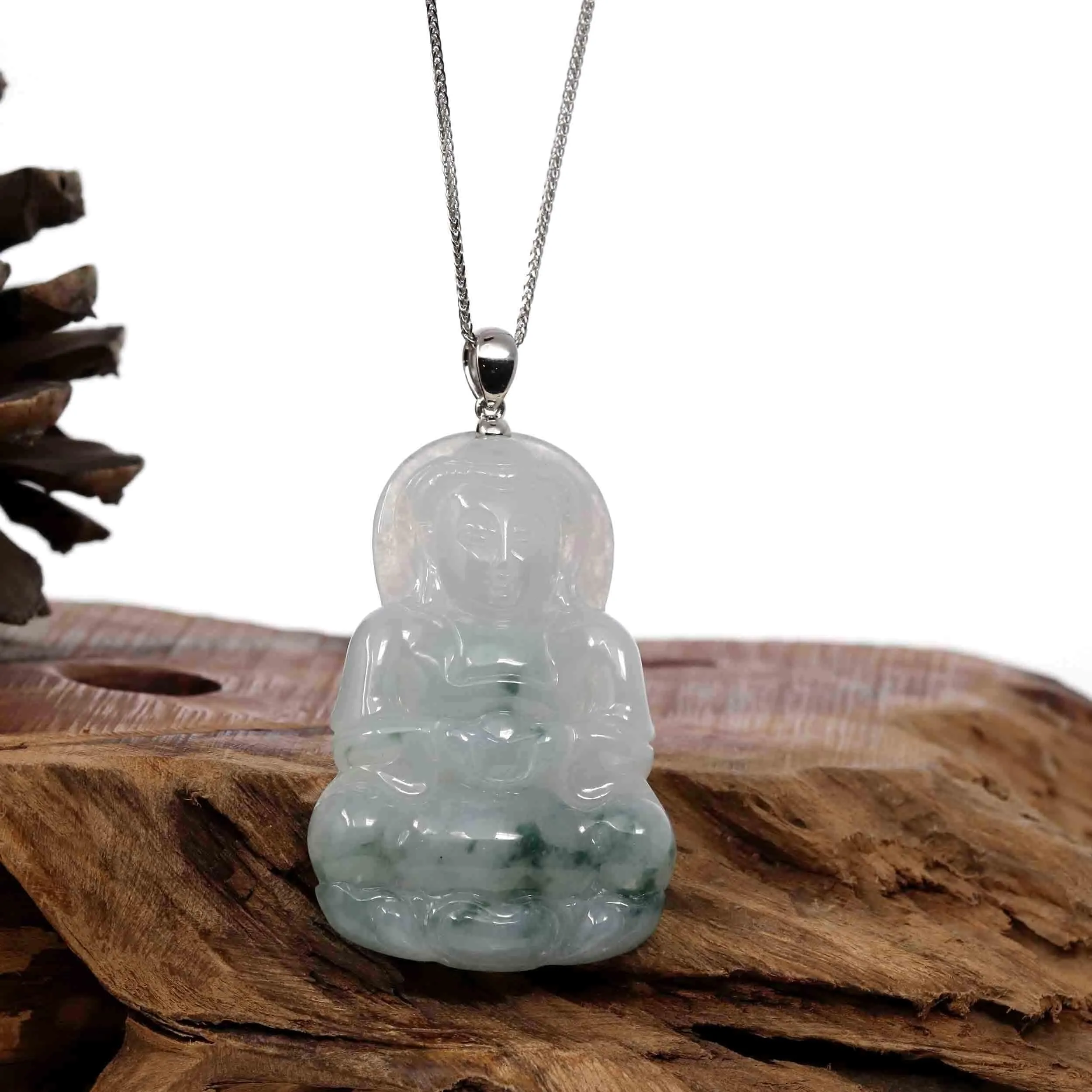 "Goddess of Compassion" Genuine Burmese Ice Blue Jadeite Jade Guanyin Necklace With Good Luck Design Sterling Silver Bail