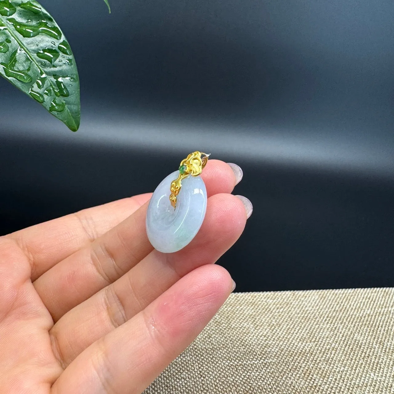 "Good Luck Button"Jadeite Jade Lucky KouKou Pendant With 18K Yellow Gold  Bail