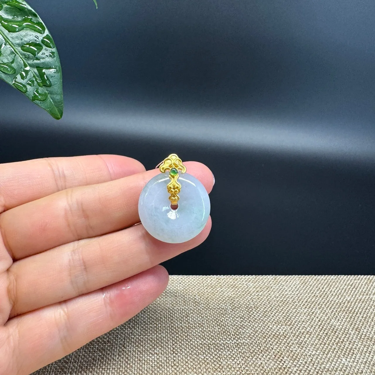 "Good Luck Button"Jadeite Jade Lucky KouKou Pendant With 18K Yellow Gold  Bail