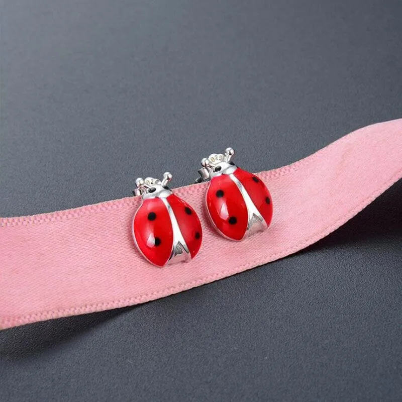 Red Enamel Cute Ladybug Insect Stud Earrings - 925 Sterling Silver