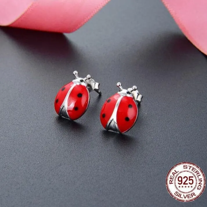 Red Enamel Cute Ladybug Insect Stud Earrings - 925 Sterling Silver