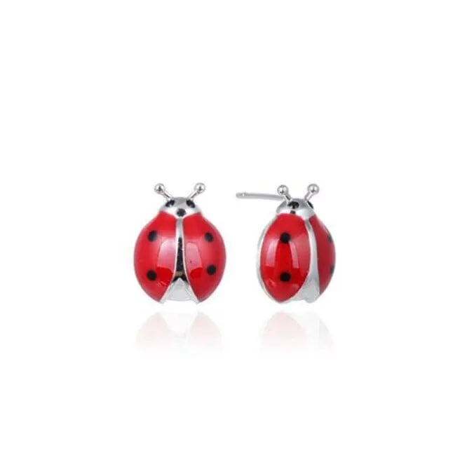 Red Enamel Cute Ladybug Insect Stud Earrings - 925 Sterling Silver