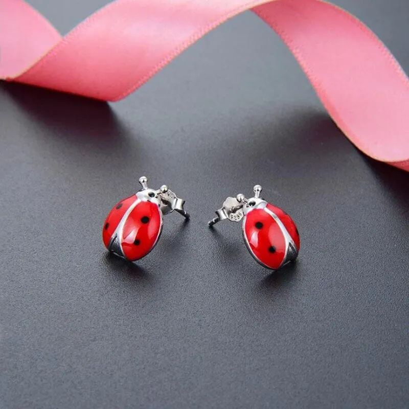 Red Enamel Cute Ladybug Insect Stud Earrings - 925 Sterling Silver