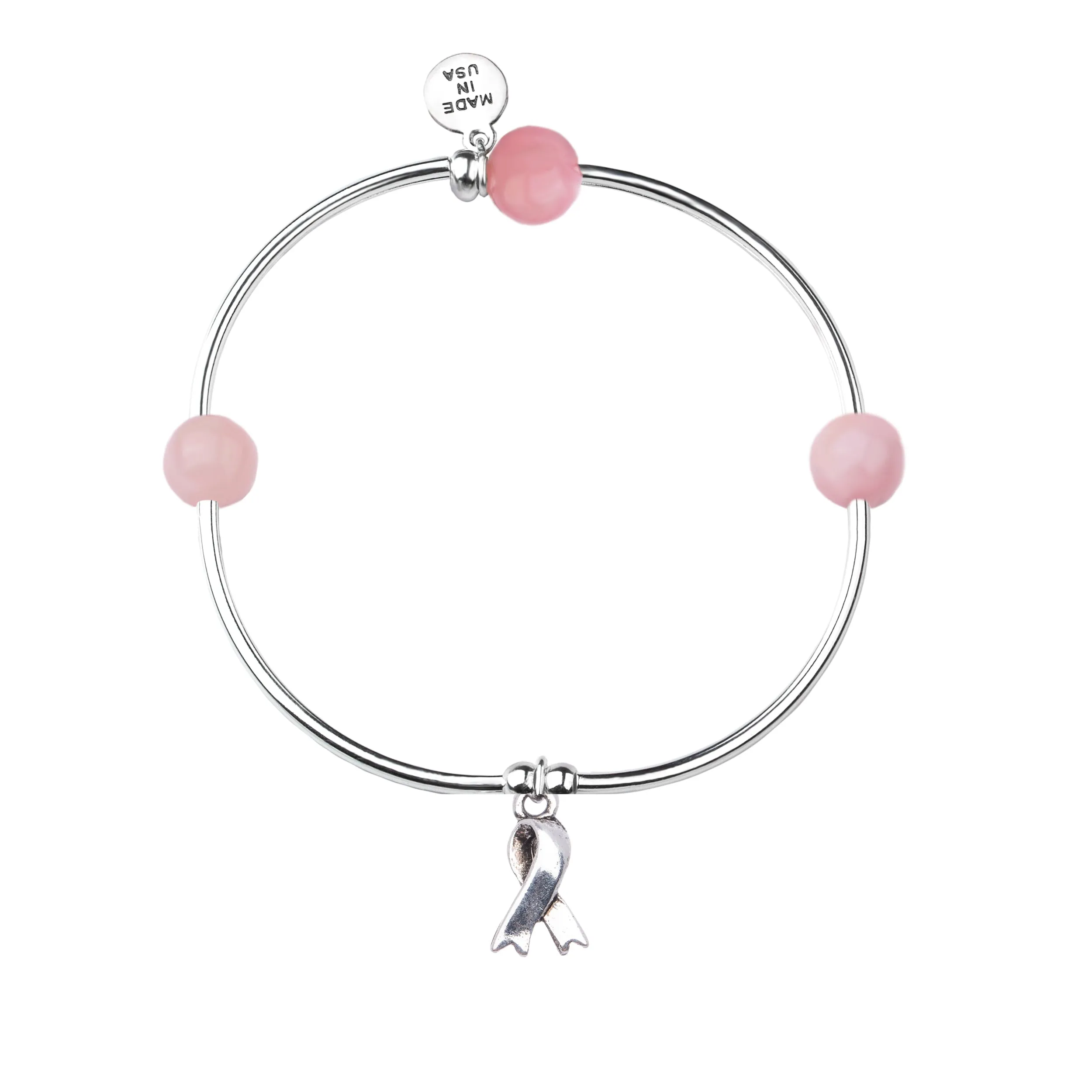 Ribbon of Strength | Soft Bangle Charm Bracelet | Rose Quartz-Love