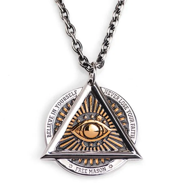 Round and Triangle Masonic with an Eye and Skull Stainless Steel Necklace