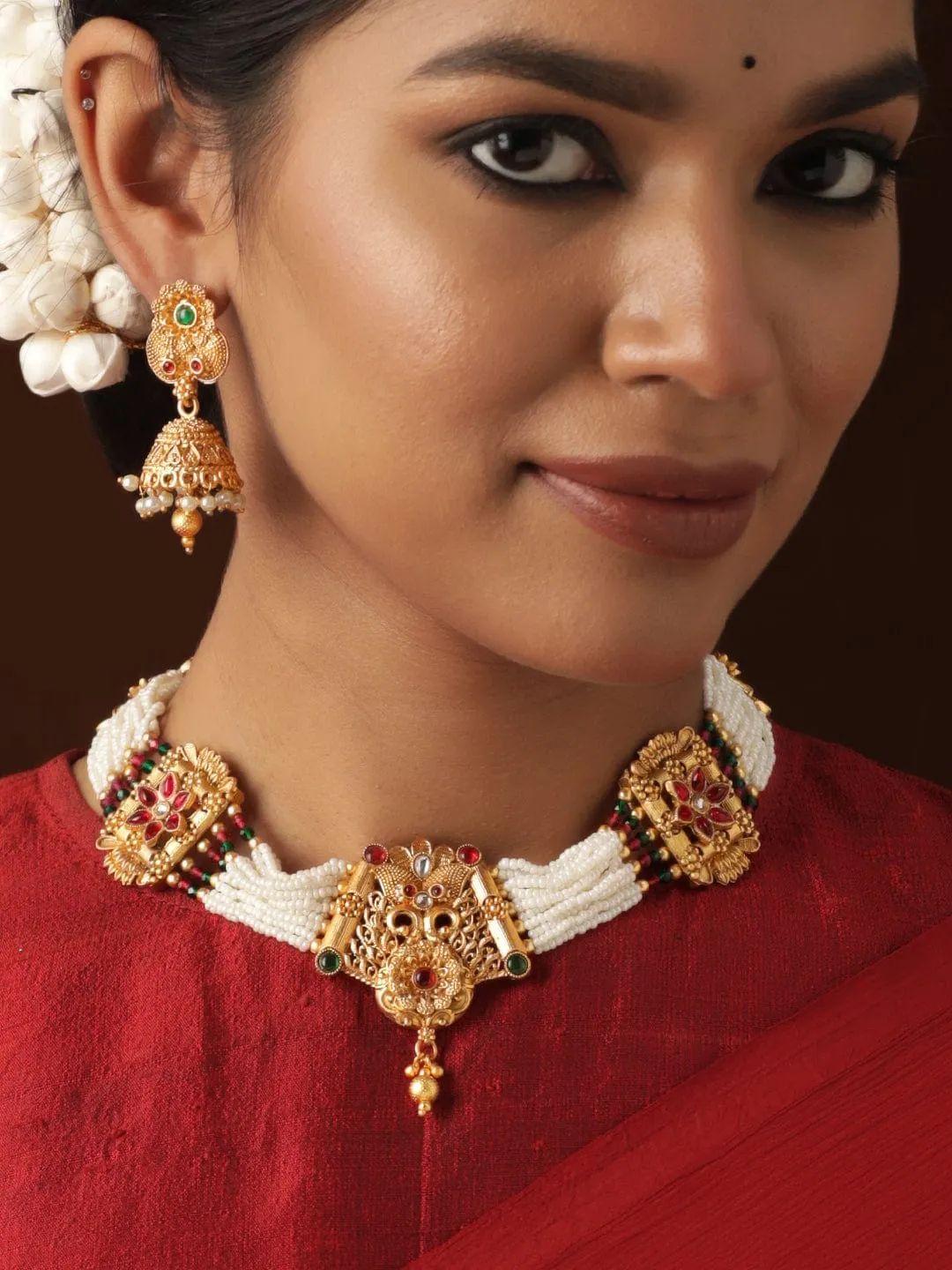 Rubans Ethereal White Beaded Choker Set with a Touch of Gold