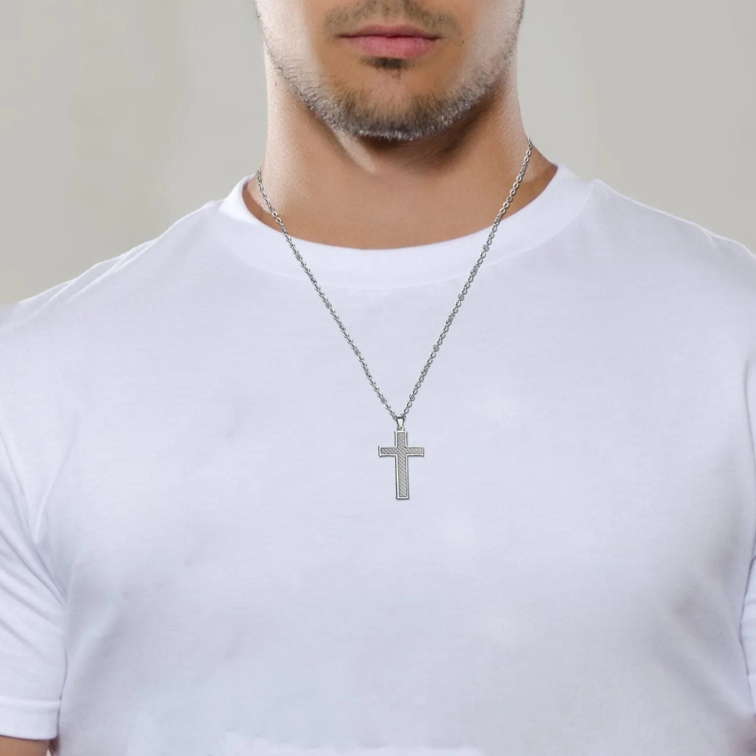 Silver & Black Carbon Fiber Classic Cross Pendant and Necklace with 21.5" Chain