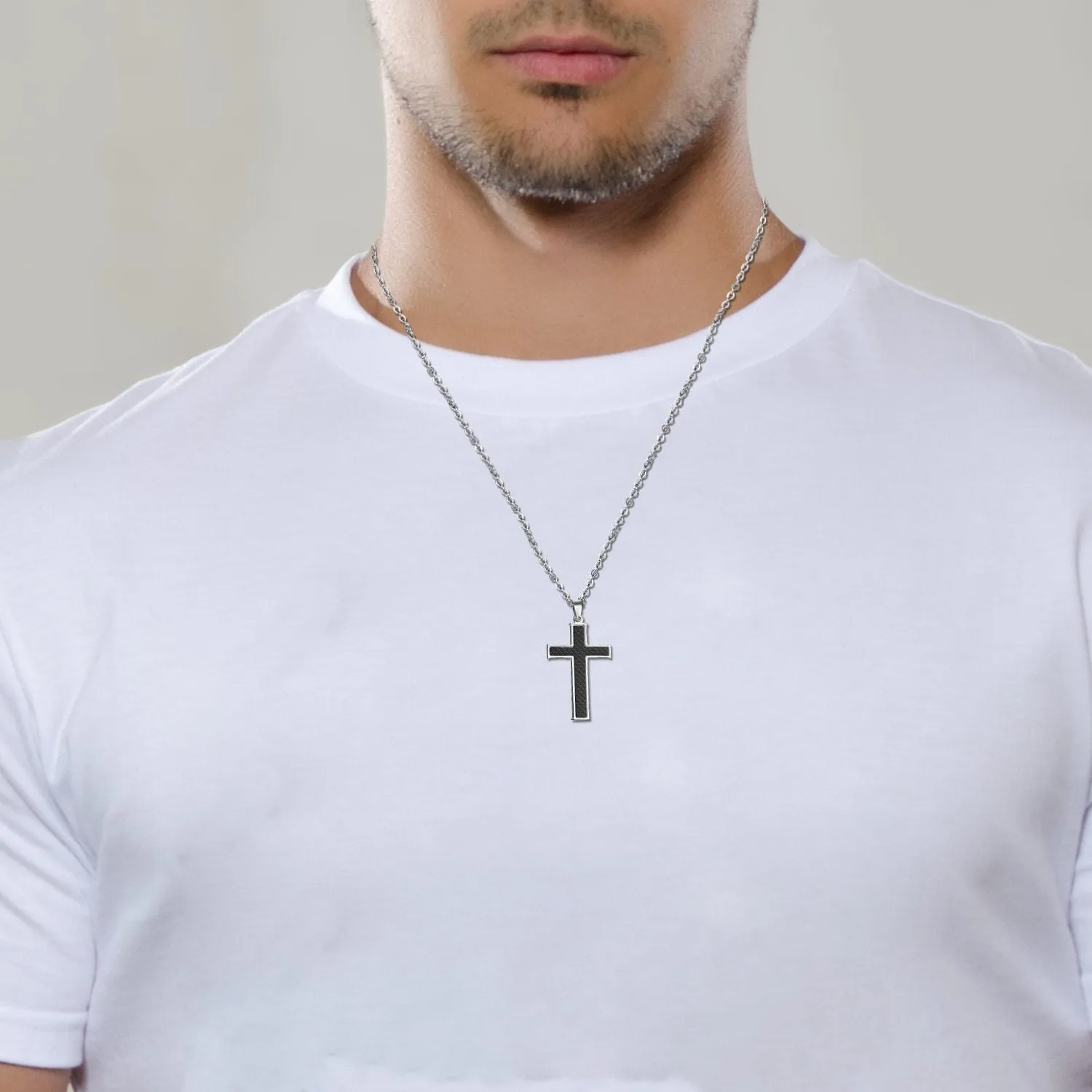 Silver & Black Carbon Fiber Classic Cross Pendant and Necklace with 21.5" Chain