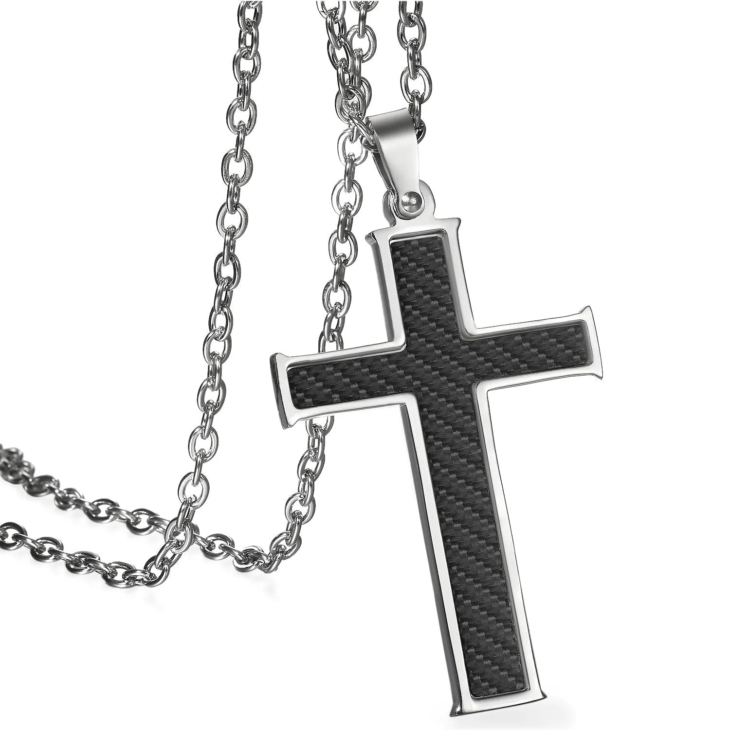 Silver & Black Carbon Fiber Classic Cross Pendant and Necklace with 21.5" Chain